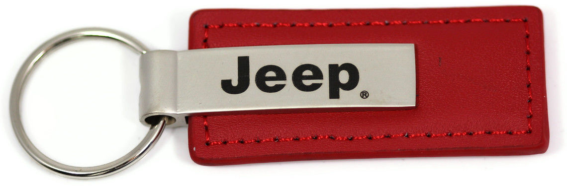 Jeep Red Leather Long Tab Logo Key Ring - Click Image to Close